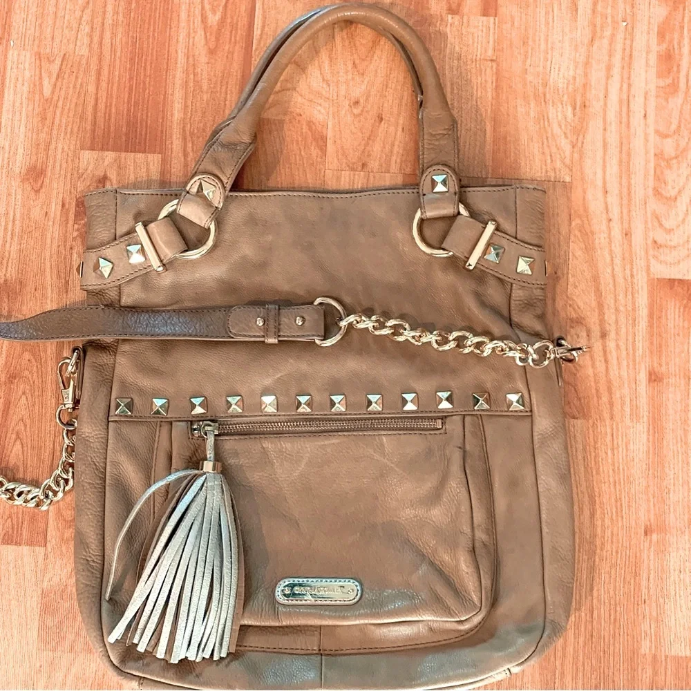 Cynthia Rowley Soft Tan Leather Crossbody Shoulder Purse Handbag Boho Studded